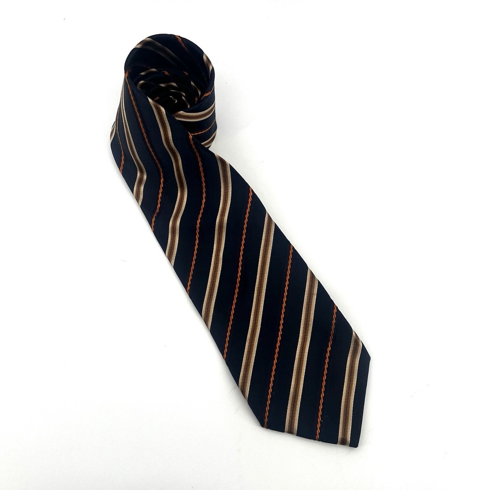 Ermenegildo Zegna Silk Blend Tie Made‎ in Italy Navy Orange Stripe 3.5" Classic